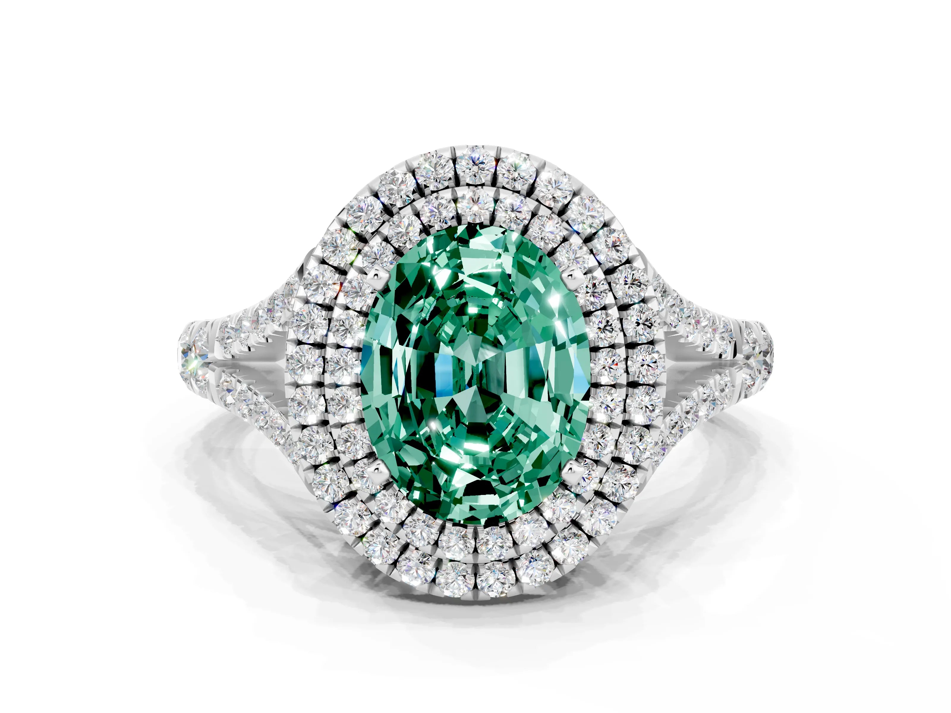 White gold Oval Cut Green Sapphire Pavé Split Shank Double Halo Engagement Ring