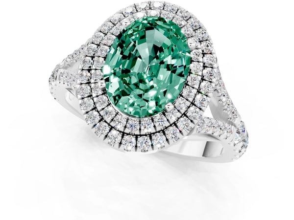 White gold Oval Cut Green Sapphire Pavé Split Shank Double Halo Engagement Ring