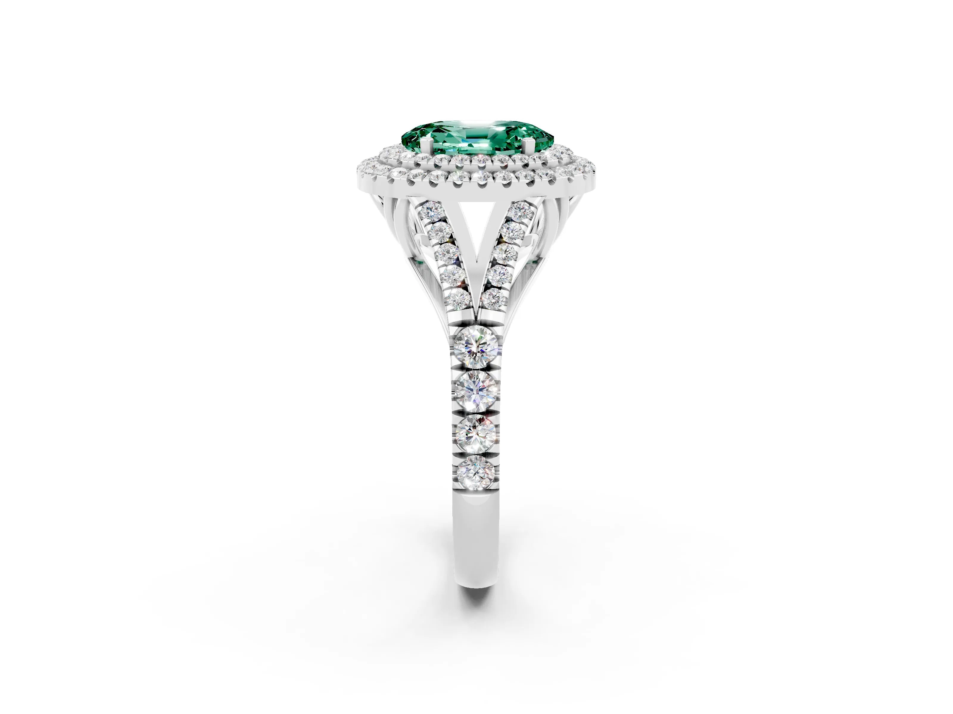 White gold Oval Cut Green Sapphire Pavé Split Shank Double Halo Engagement Ring_2
