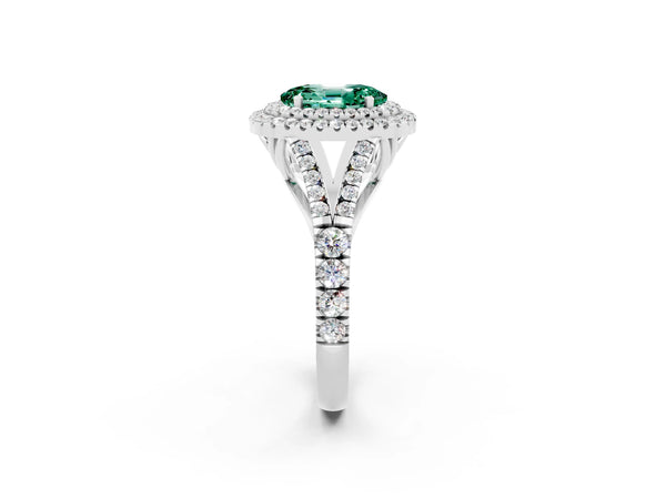 Platinum Oval Cut Green Sapphire Pavé Split Shank Double Halo Engagement Ring