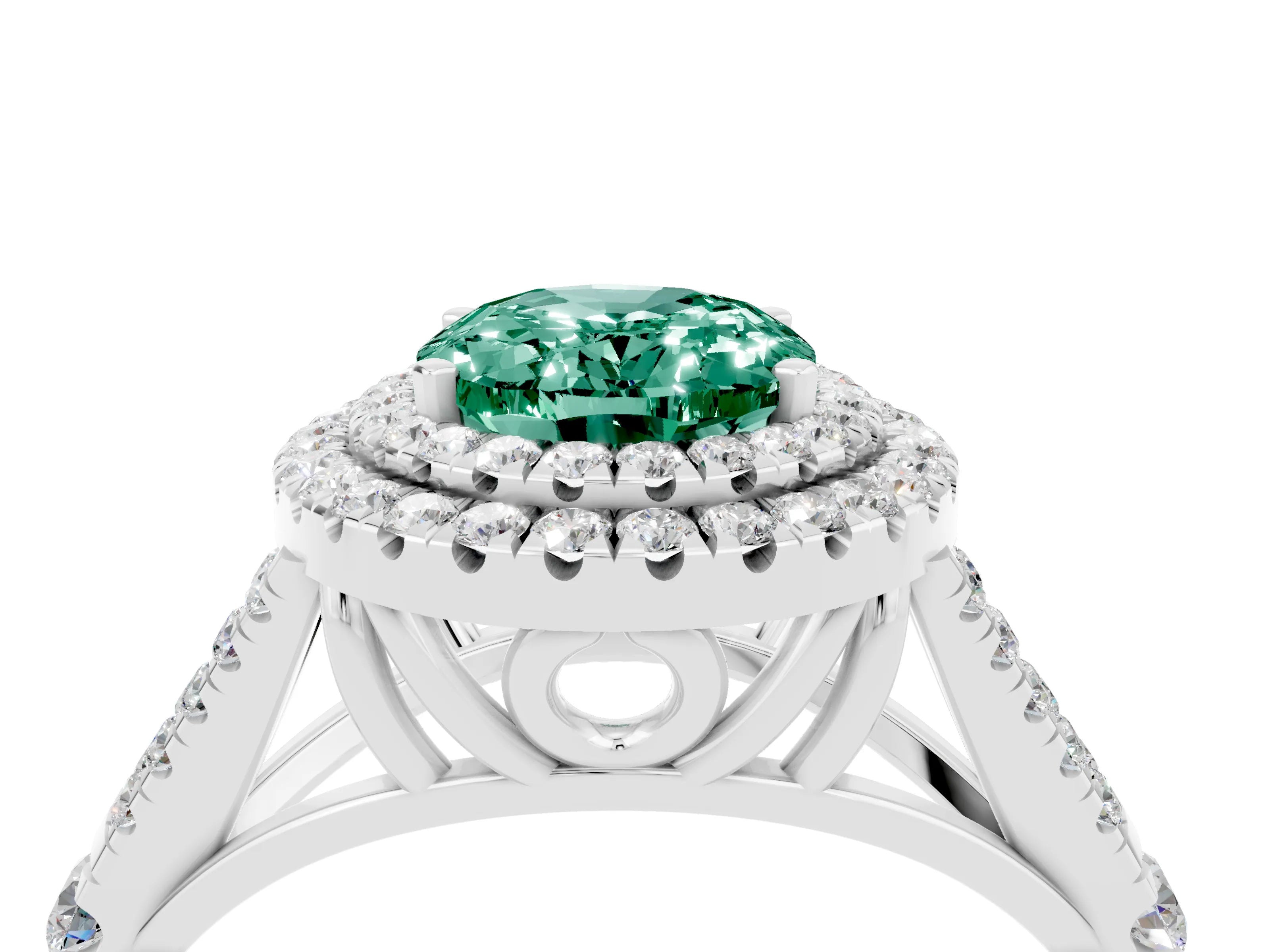 White gold Oval Cut Green Sapphire Pavé Split Shank Double Halo Engagement Ring_4