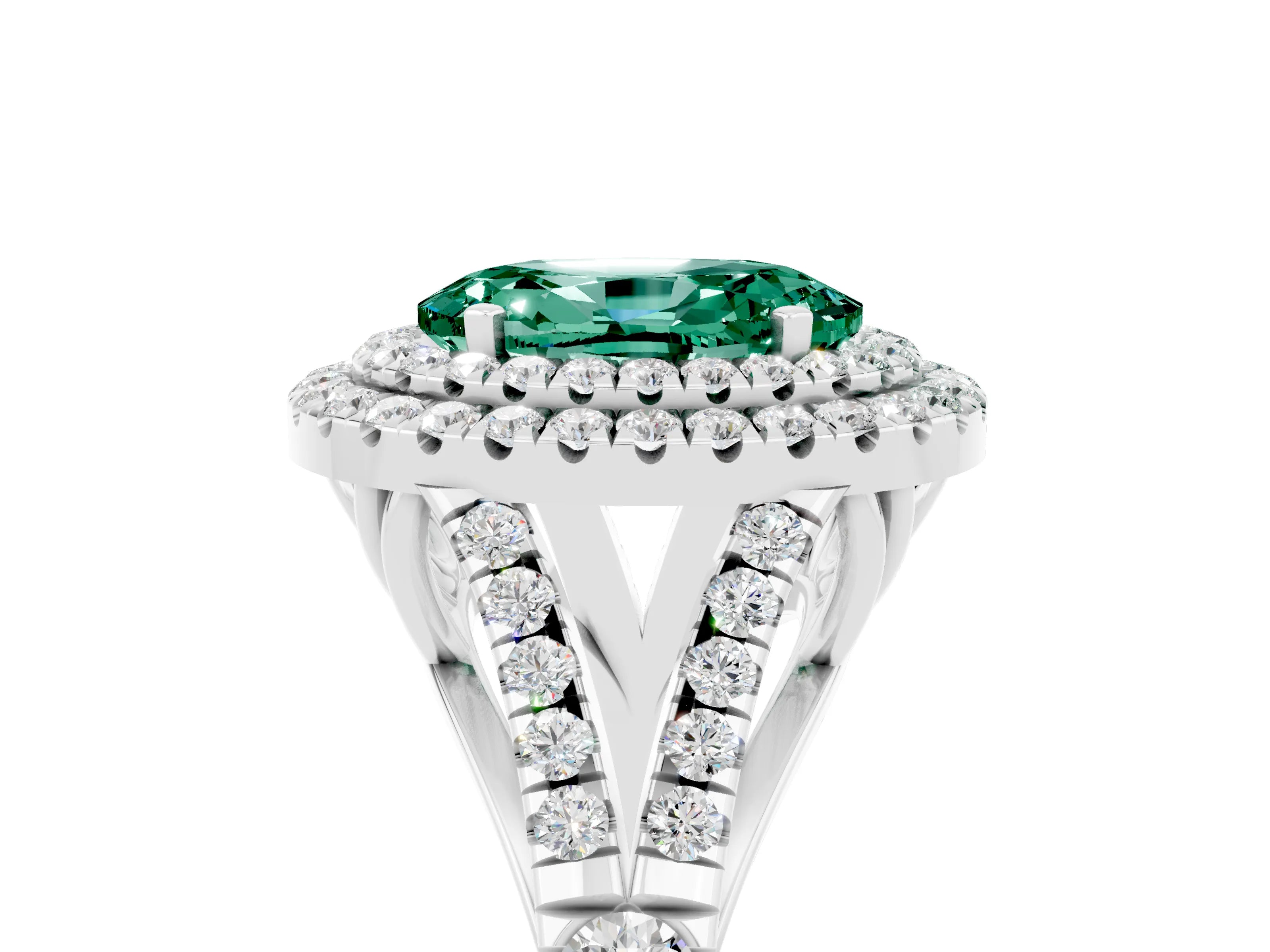 White gold Oval Cut Green Sapphire Pavé Split Shank Double Halo Engagement Ring_5