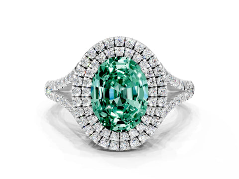 White gold Oval Cut Green Sapphire Pavé Split Shank Double Halo Engagement Ring