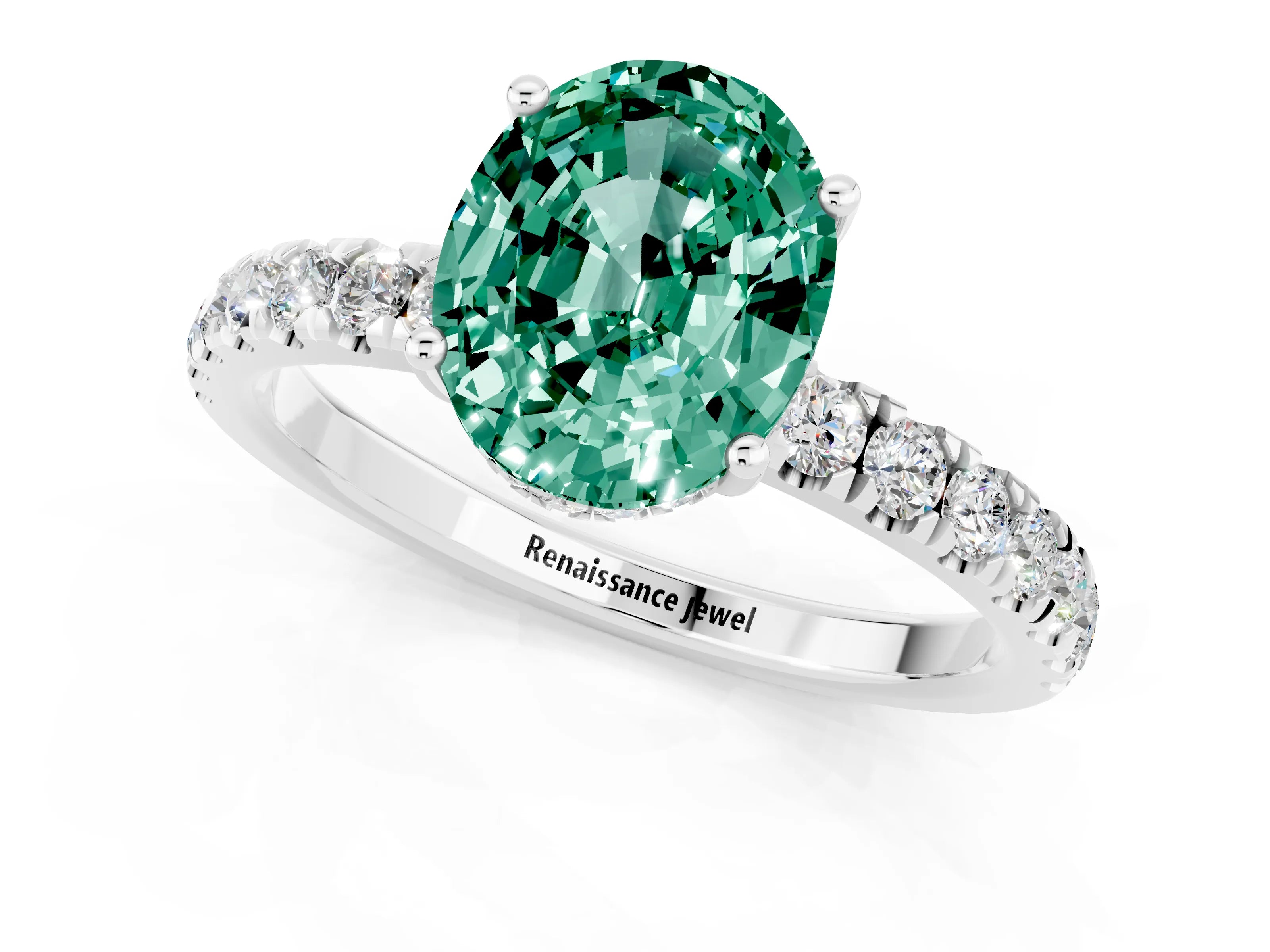 White gold Oval Cut Green Sapphire Pave Band Solitaire Ring with Four-Prong Setting_13
