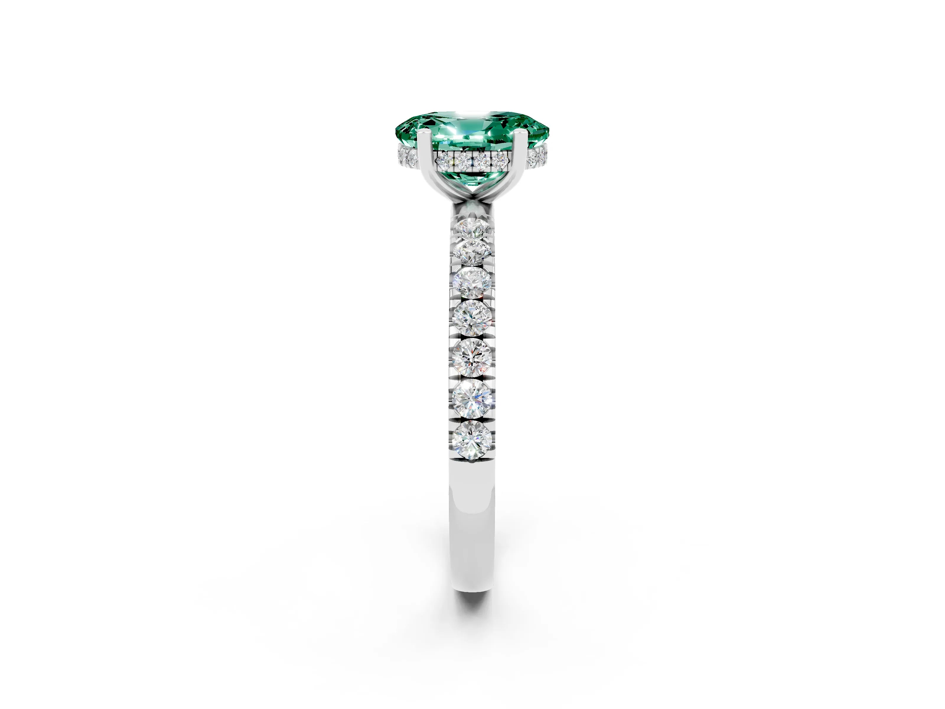 White gold Oval Cut Green Sapphire Pave Band Solitaire Ring with Four-Prong Setting_14