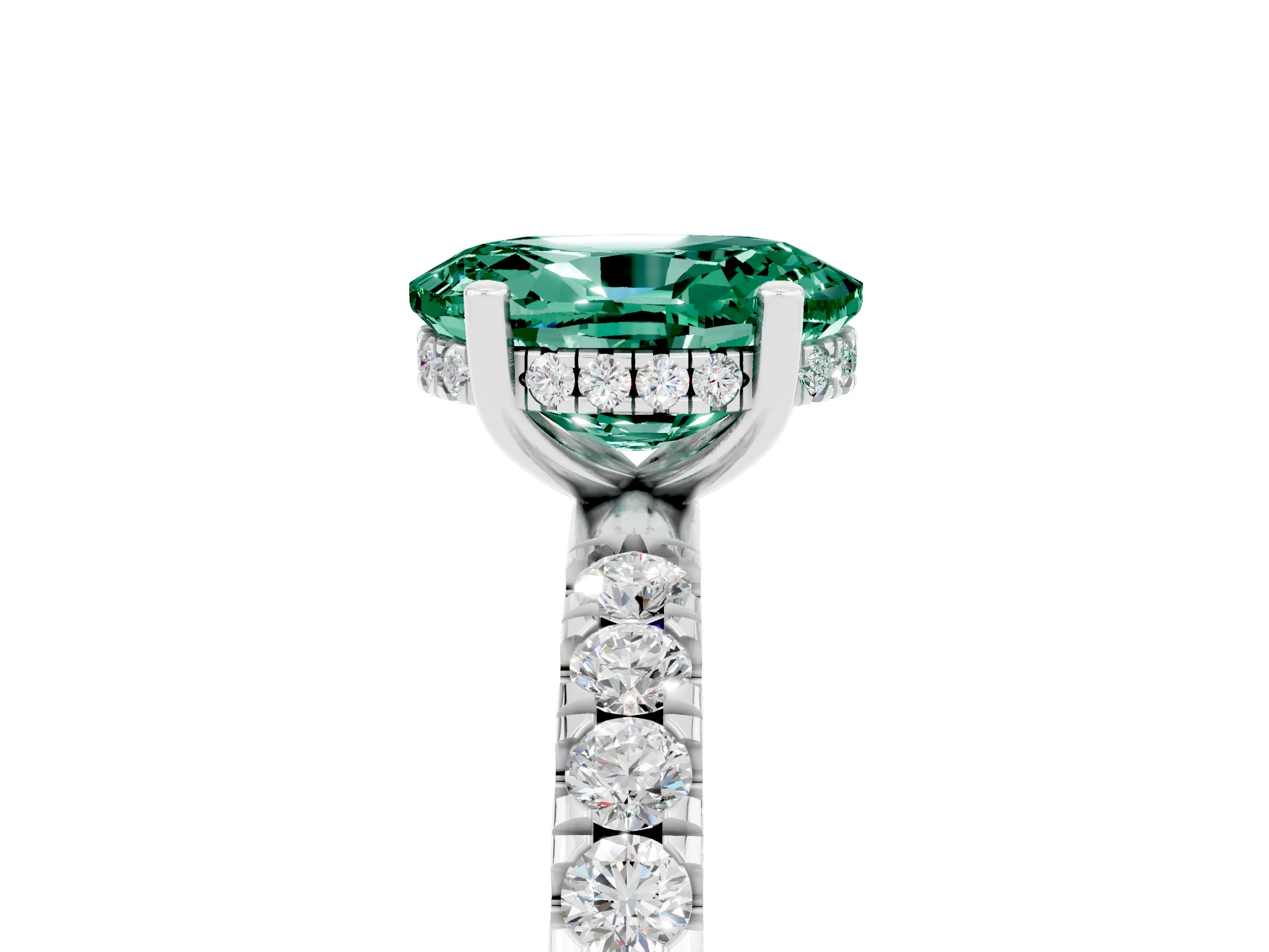 White gold Oval Cut Green Sapphire Pave Band Solitaire Ring with Four-Prong Setting_17