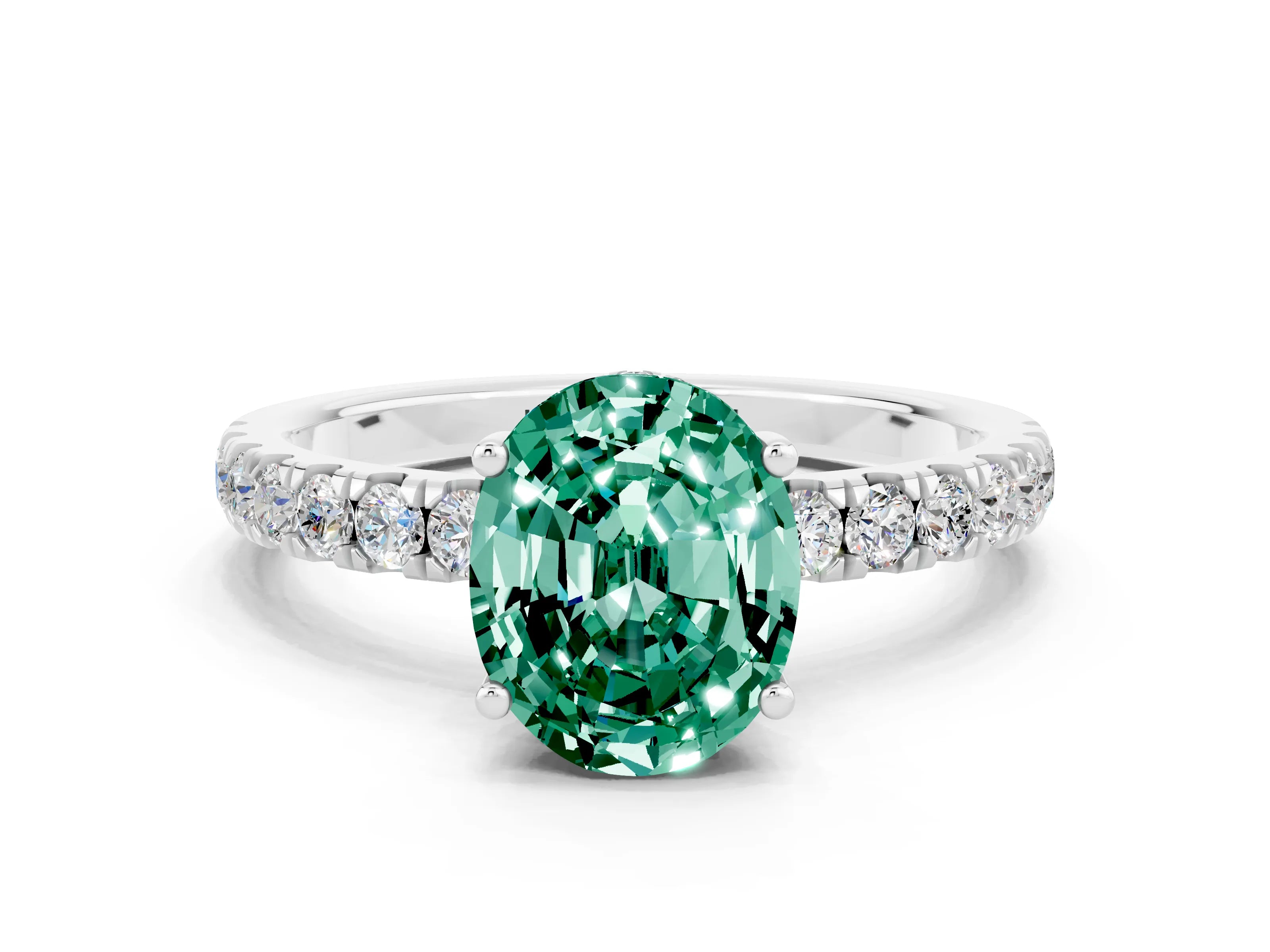 White gold Oval Cut Green Sapphire Pave Band Solitaire Ring with Four-Prong Setting_24