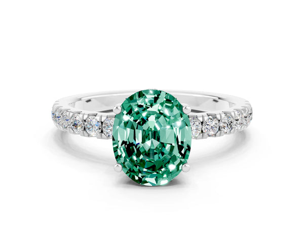 Platinum Oval Cut Green Sapphire Pave Band Solitaire Ring with Round  and Prong Setting