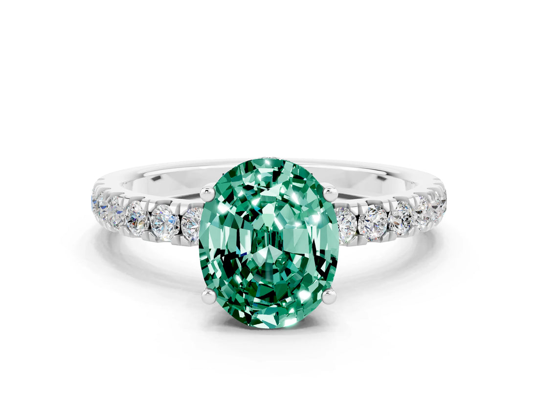 White gold Oval Cut Green Sapphire Pave Band Solitaire Ring with Four-Prong Setting_24