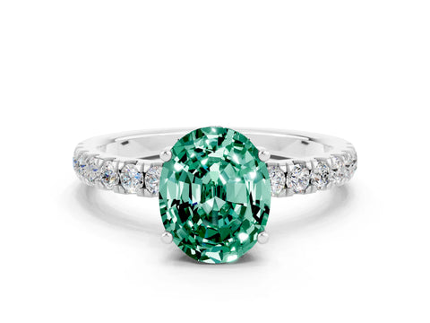 White gold Oval Cut Green Sapphire Pave Band Solitaire Ring with Four-Prong Setting_24