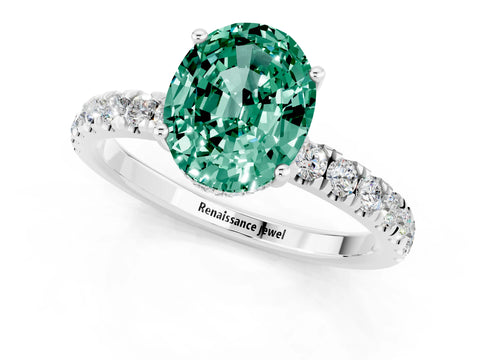 White gold Oval Cut Green Sapphire Pave Band Solitaire Ring with Four-Prong Setting_25
