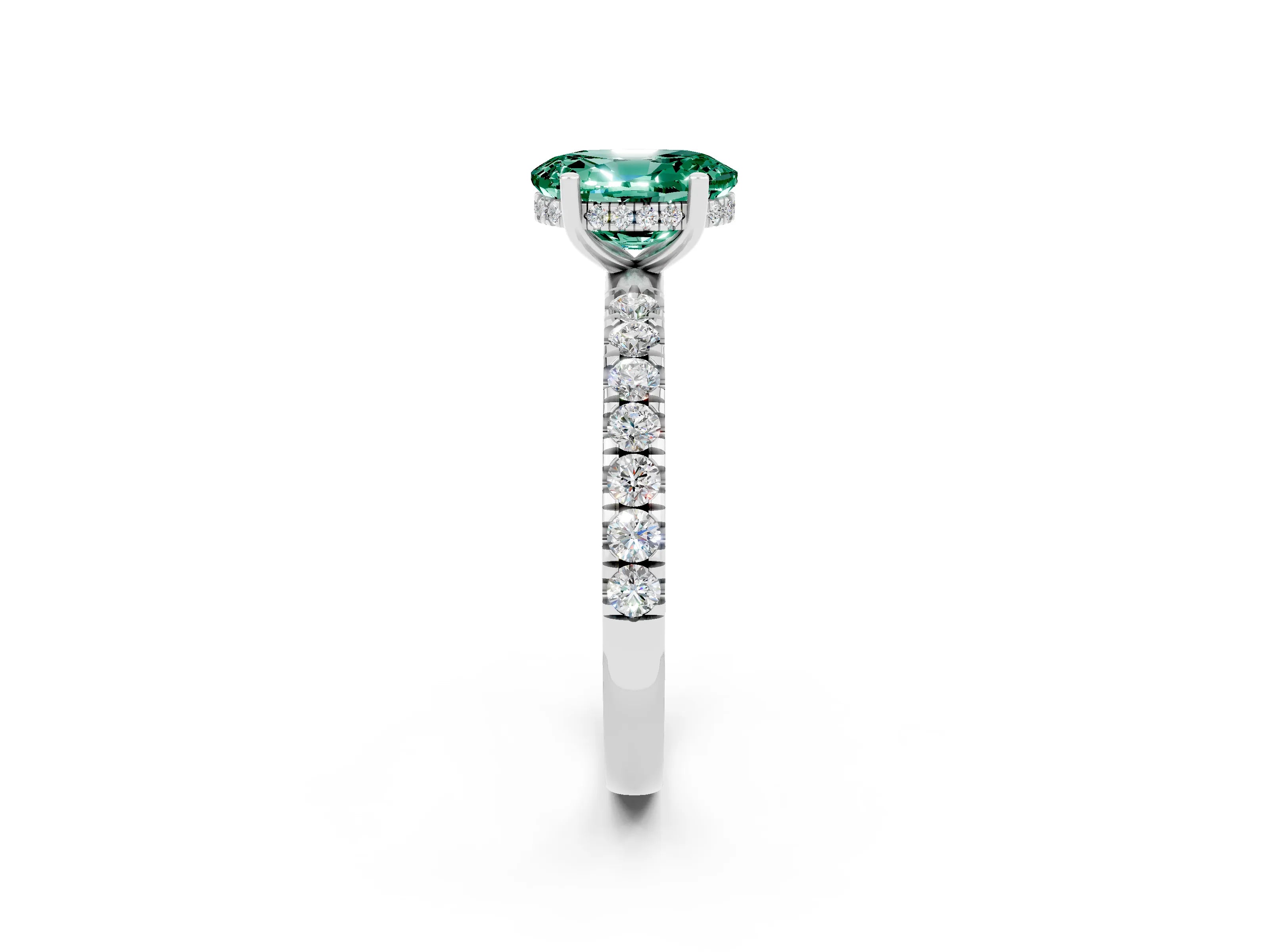 White gold Oval Cut Green Sapphire Pave Band Solitaire Ring with Four-Prong Setting_26