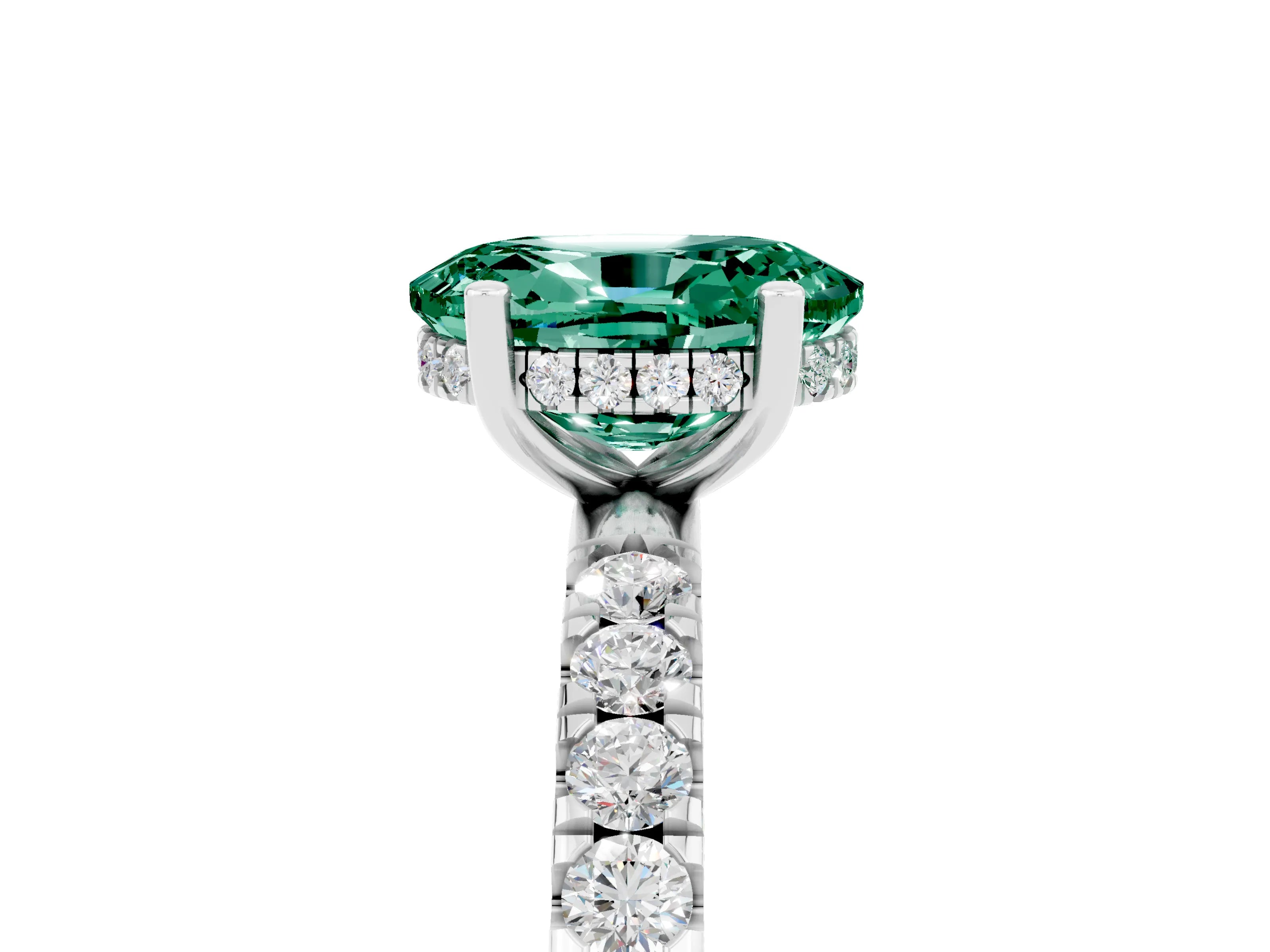 White gold Oval Cut Green Sapphire Pave Band Solitaire Ring with Four-Prong Setting_29