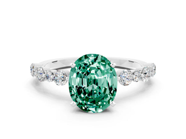 White gold Oval Cut Green Sapphire Prong Set Engagement Ring with Pavé Band