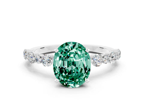 White gold Oval Cut Green Sapphire Prong Set Engagement Ring with Pavé Band