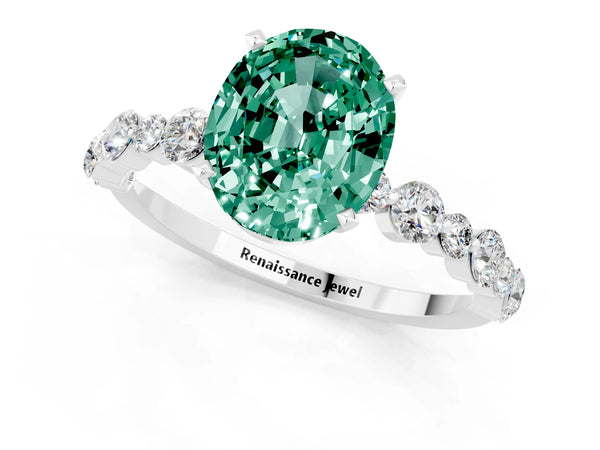 White gold Oval Cut Green Sapphire Prong Set Engagement Ring with Pavé Band