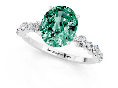 White gold Oval Cut Green Sapphire Prong Set Engagement Ring with Pavé Band_1