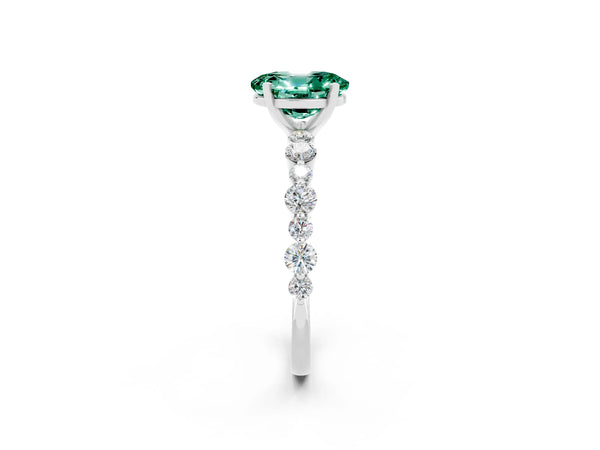 Platinum Oval Cut Green Sapphire Prong Set Engagement Ring with Pavé Band