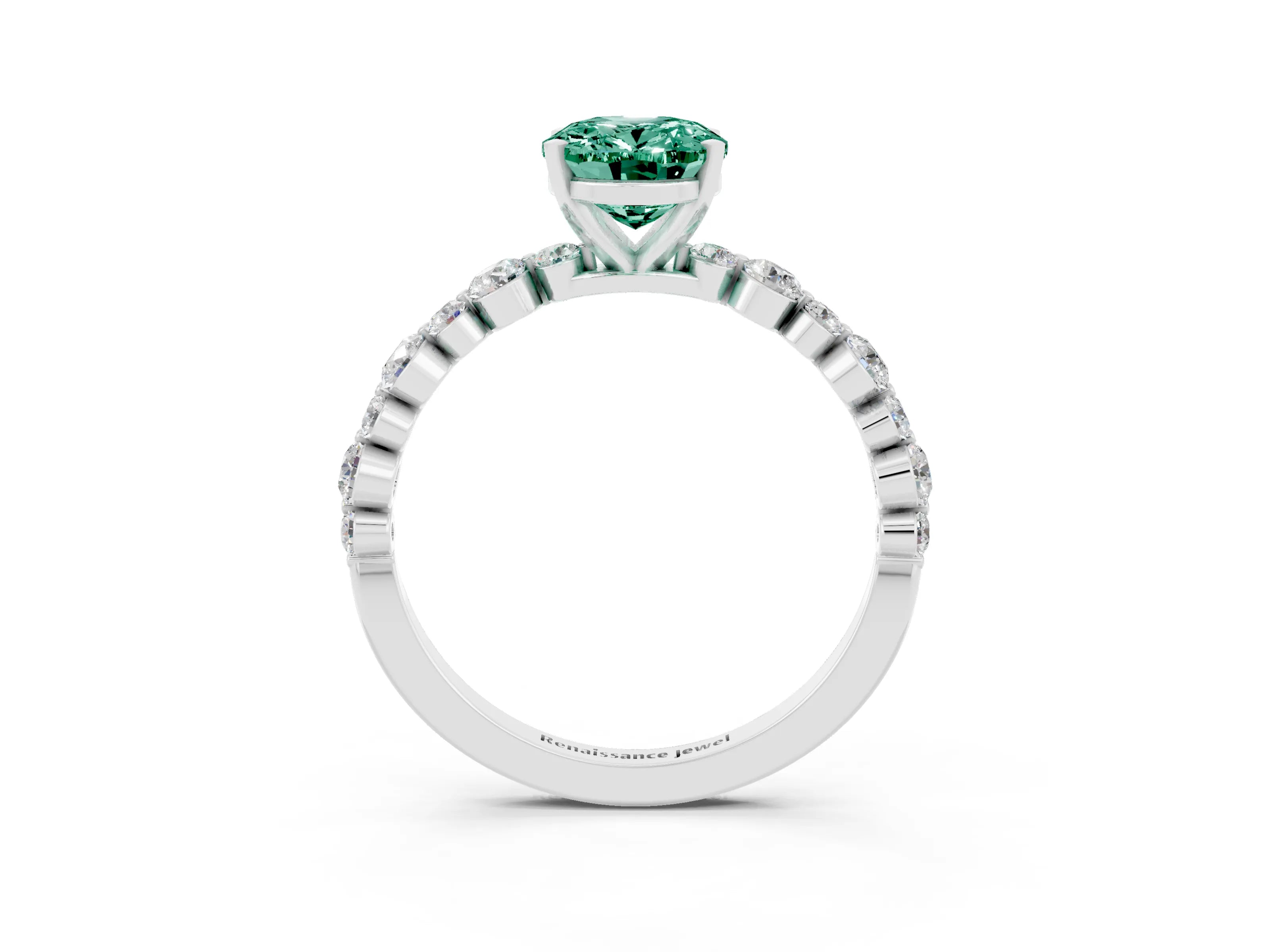 White gold Oval Cut Green Sapphire Prong Set Engagement Ring with Pavé Band_3