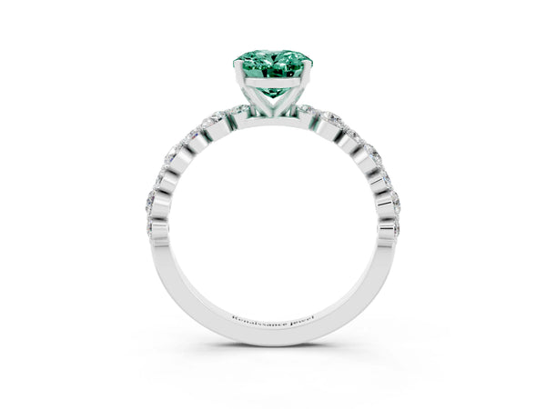 Platinum Oval Cut Green Sapphire Prong Set Engagement Ring with Pavé Band