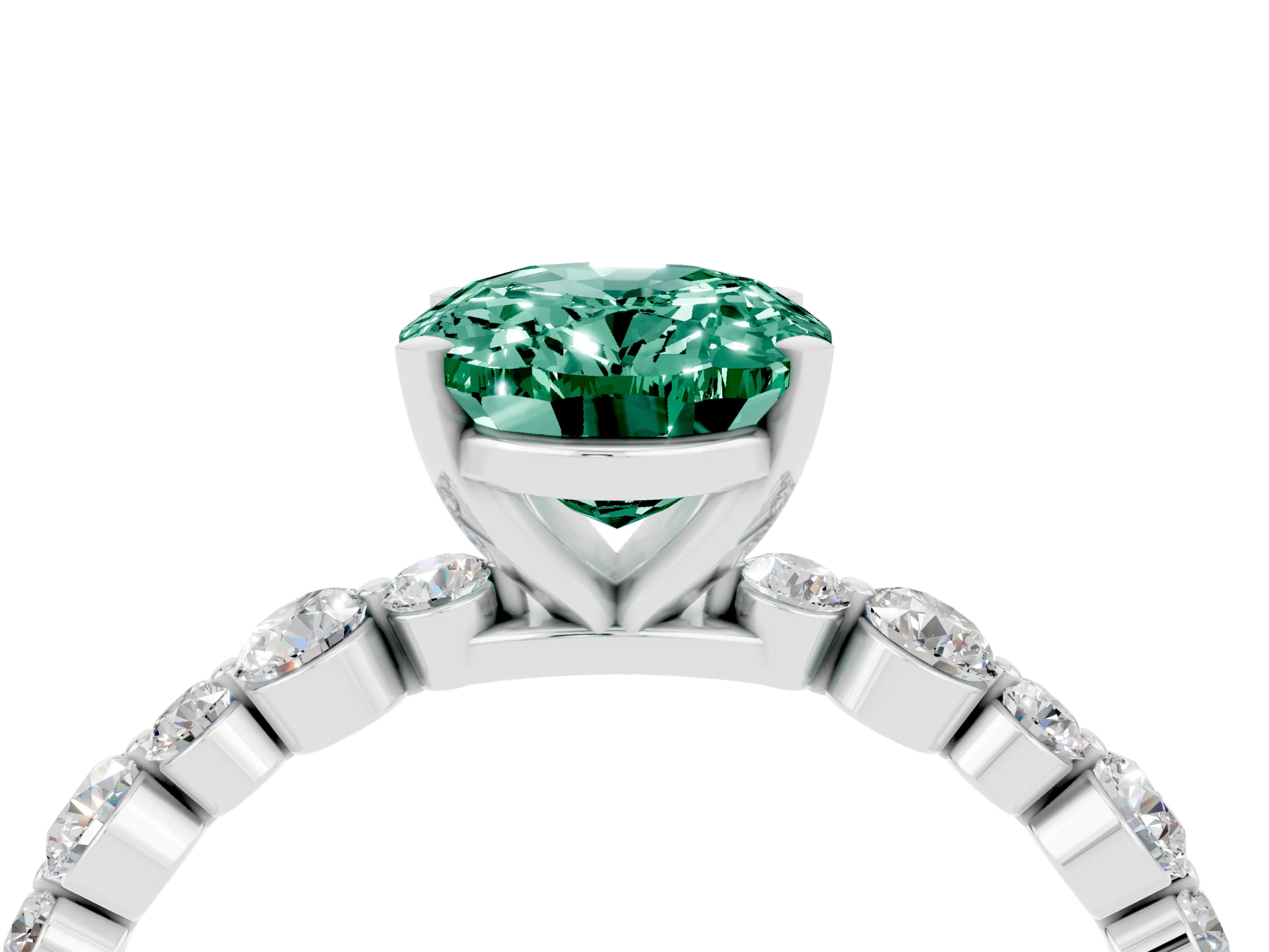 White gold Oval Cut Green Sapphire Prong Set Engagement Ring with Pavé Band_4