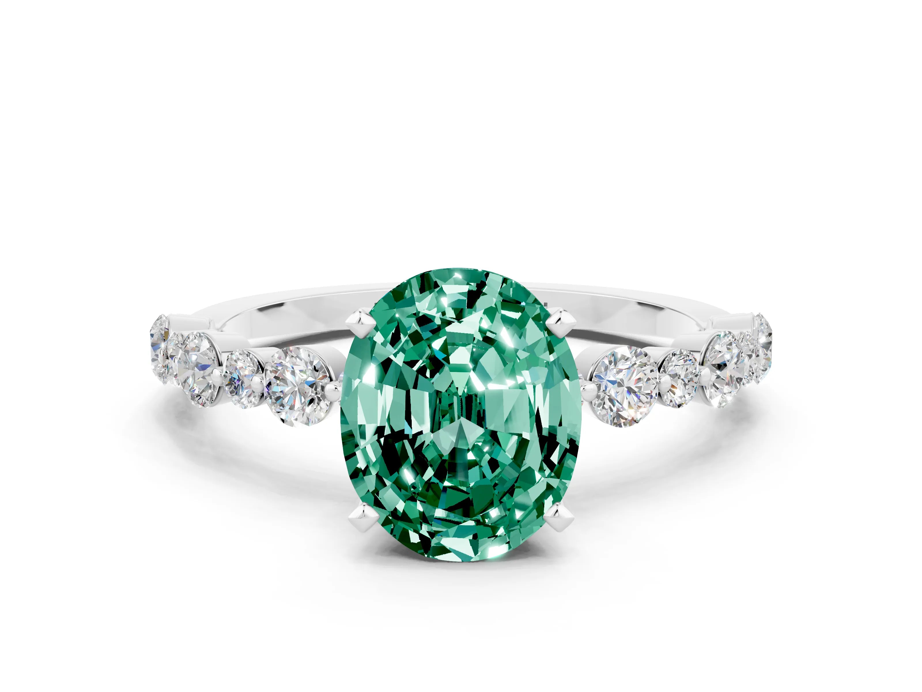 White gold Oval Cut Green Sapphire Prong Set Engagement Ring with Pavé Band