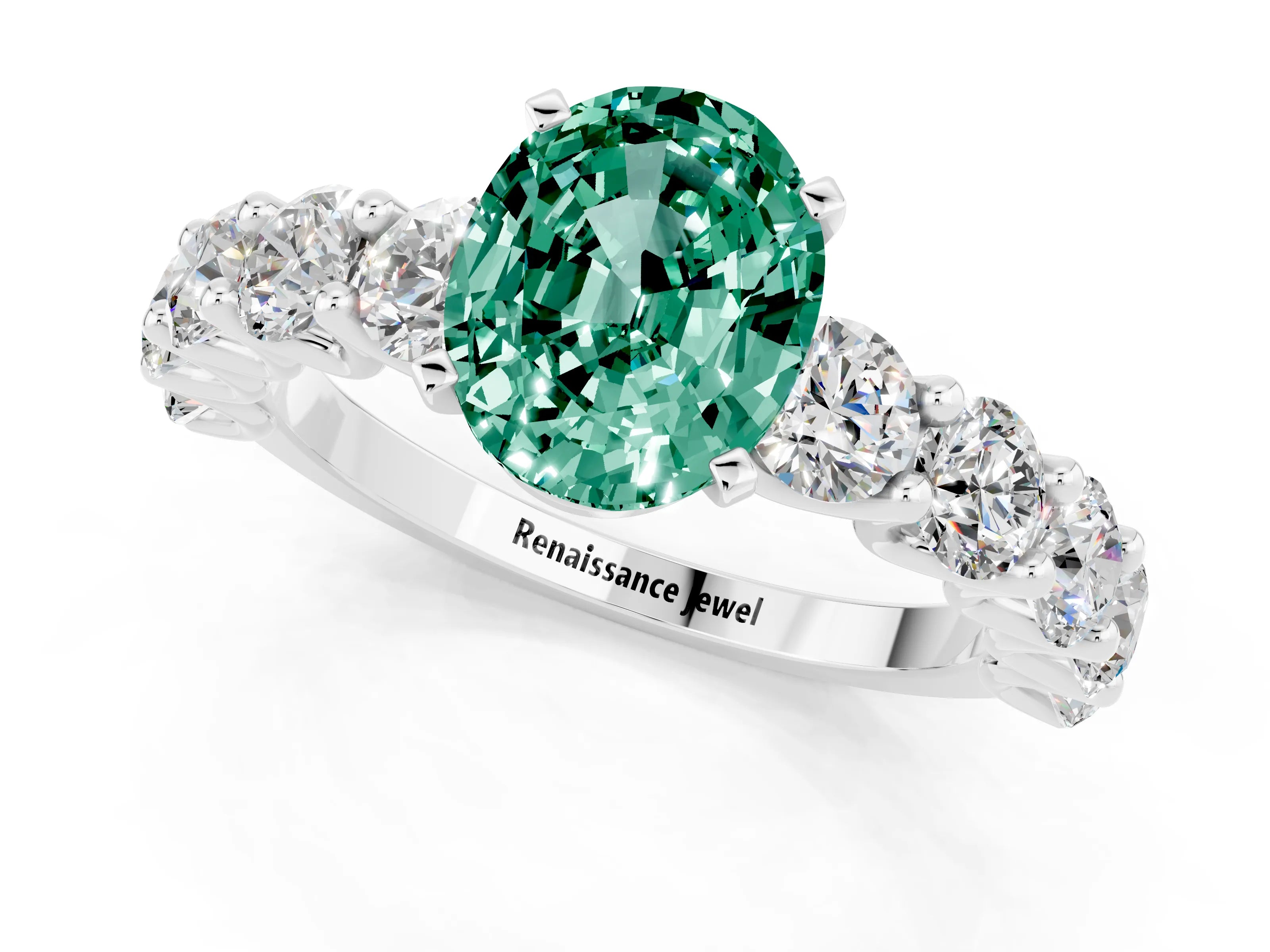 White gold Oval Cut Green Sapphire Prong Setting with Side Stones on a Pave Band_1