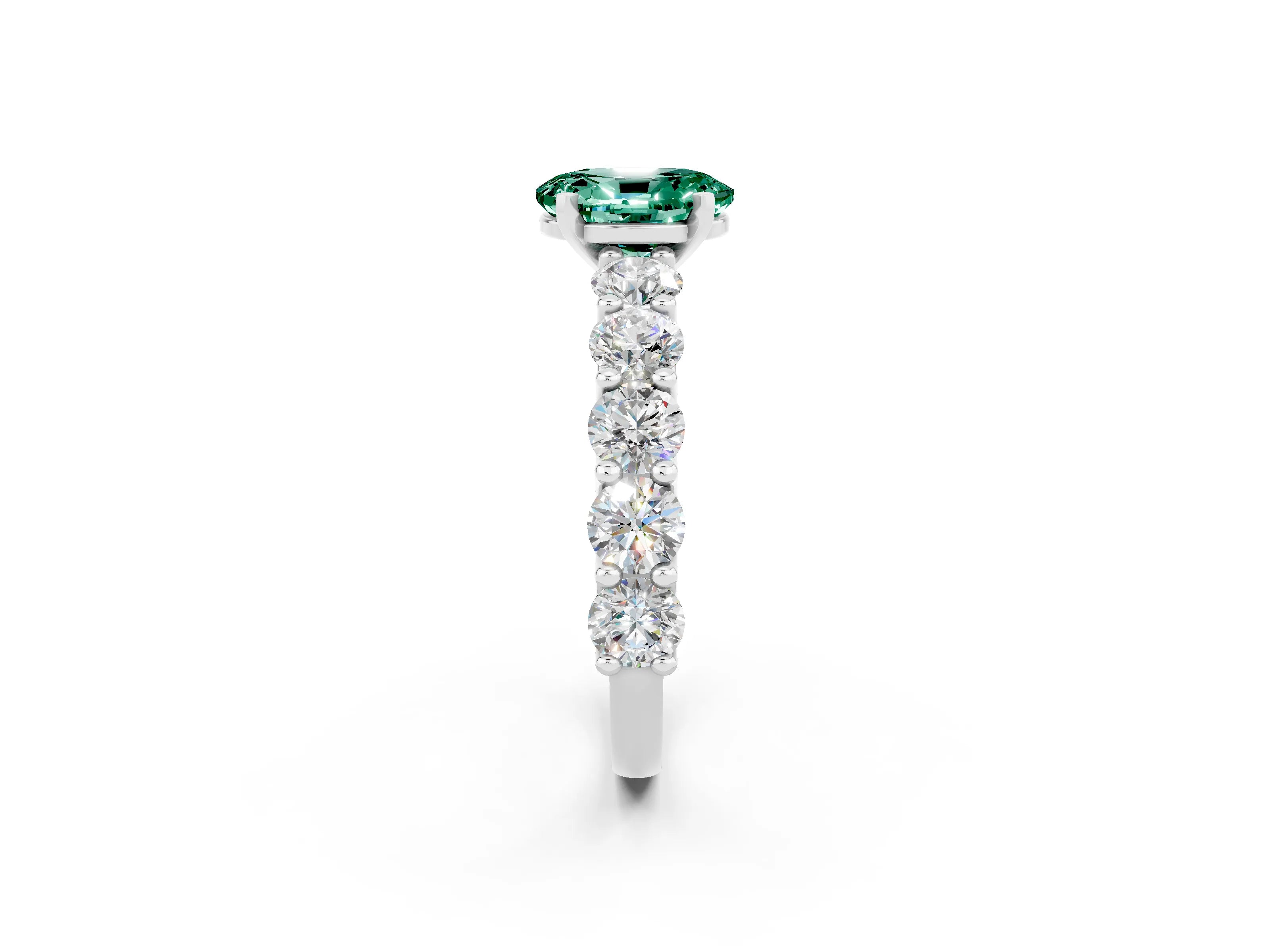 White gold Oval Cut Green Sapphire Prong Setting with Side Stones on a Pave Band_2