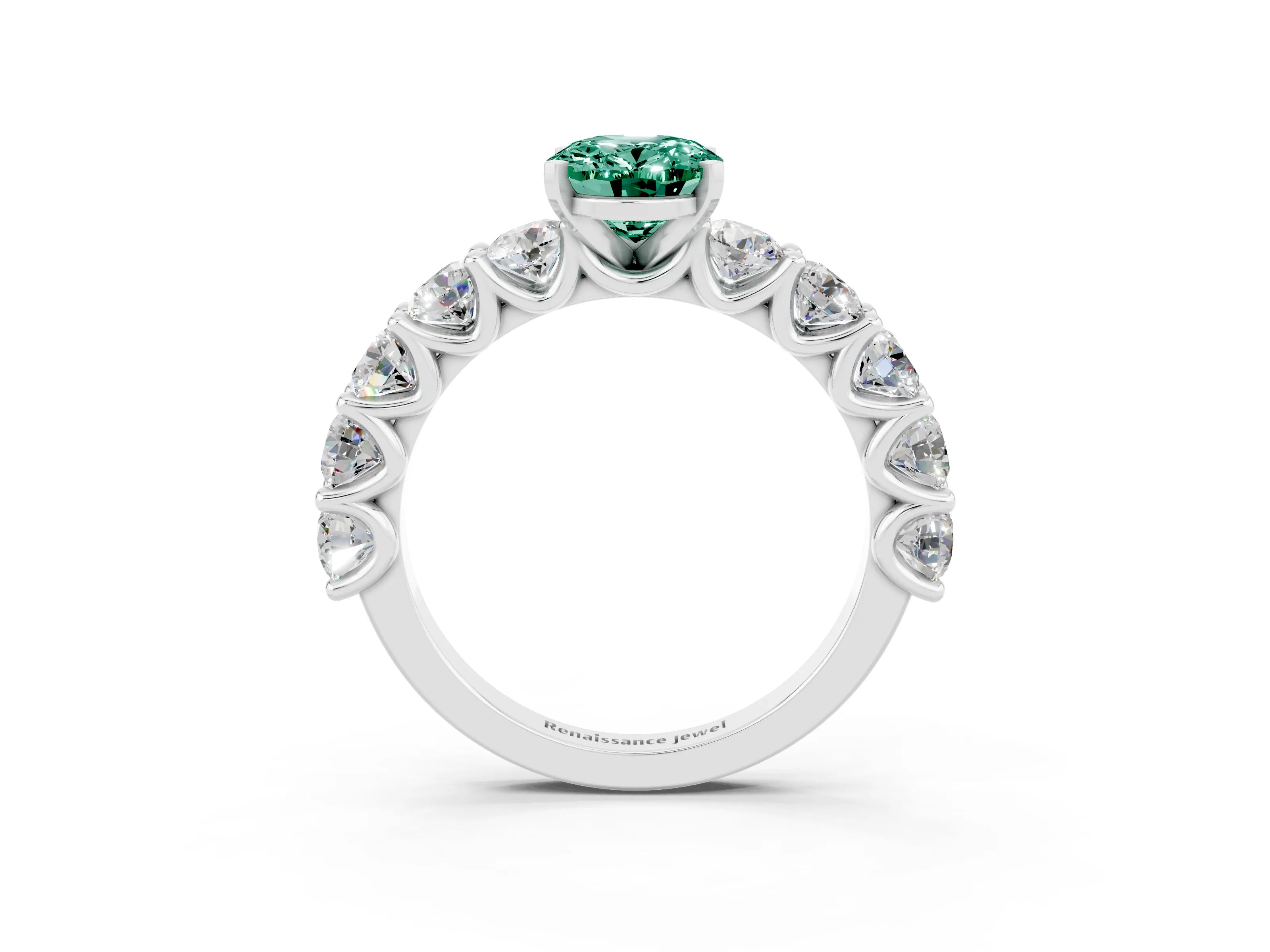 White gold Oval Cut Green Sapphire Prong Setting with Side Stones on a Pave Band_3