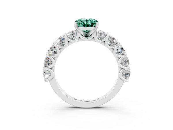 Silver Oval Cut Green Sapphire Prong Setting with Side Stones on a Pave Band