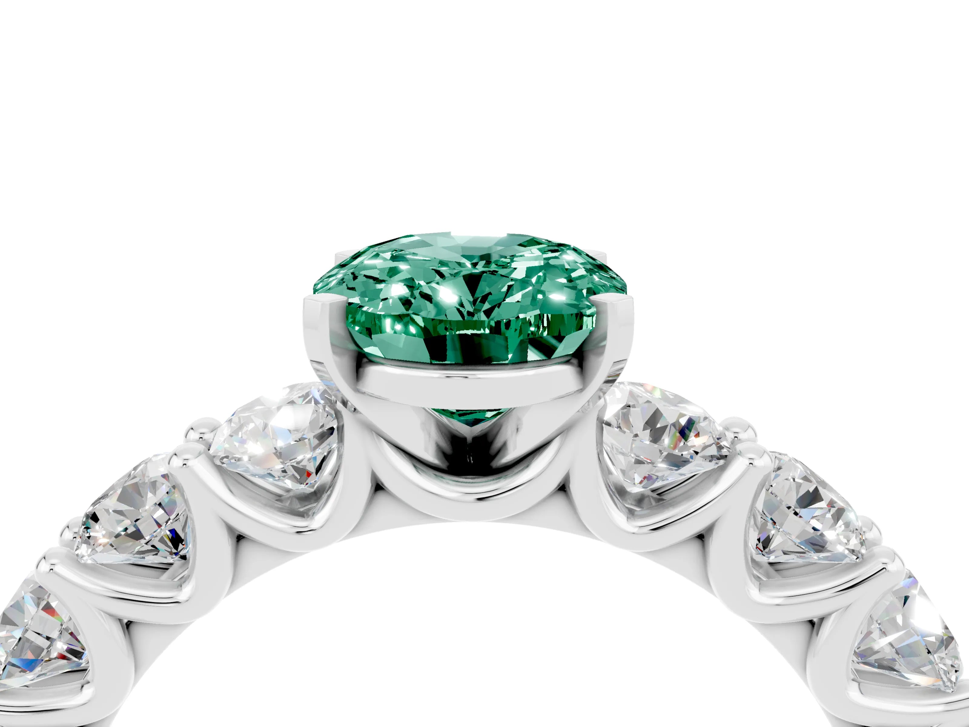White gold Oval Cut Green Sapphire Prong Setting with Side Stones on a Pave Band_4