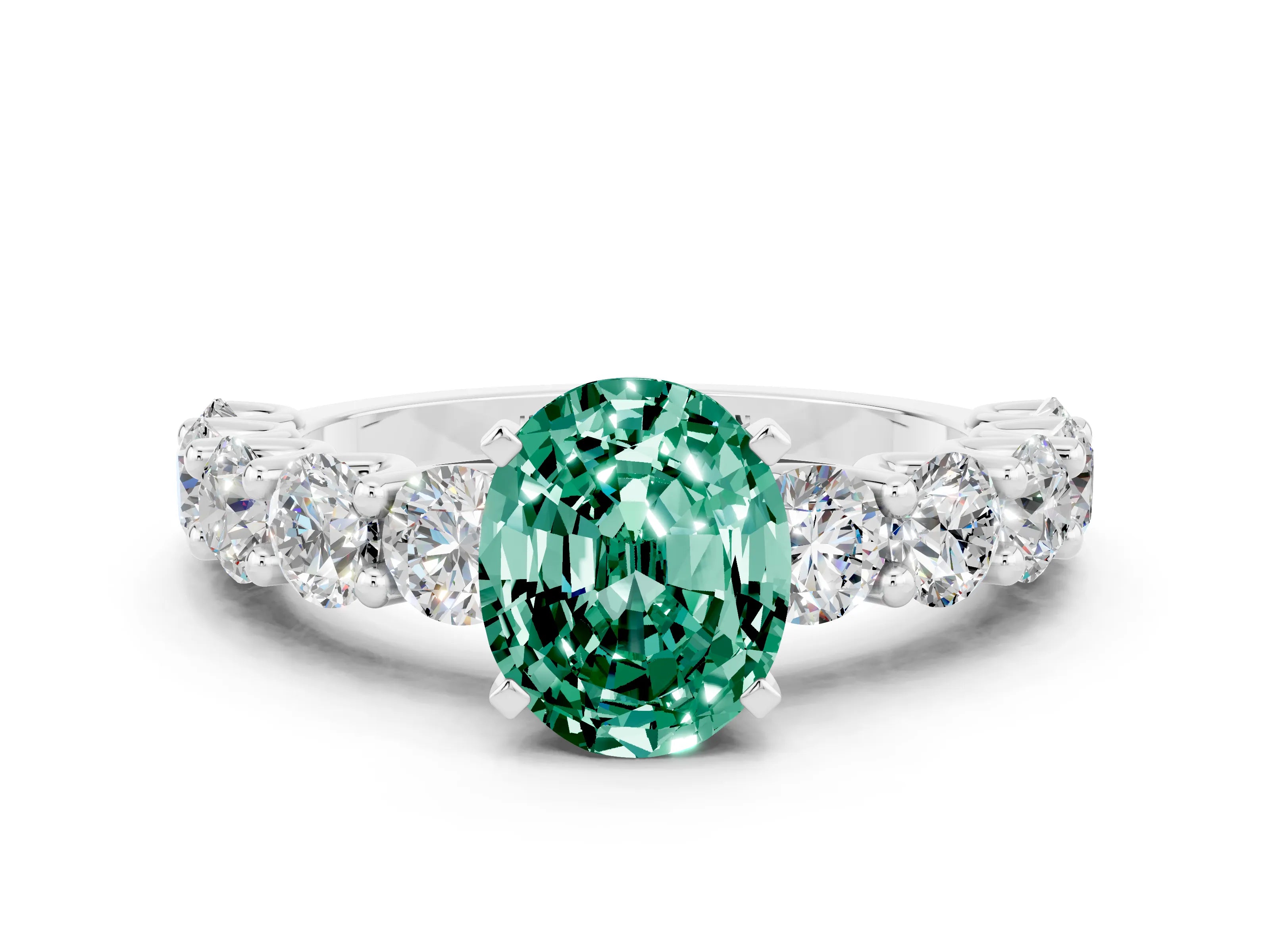 White gold Oval Cut Green Sapphire Prong Setting with Side Stones on a Pave Band