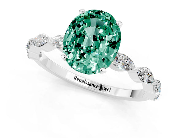 Silver Oval Cut Green Sapphire Ring with Marquise Side Stones and Prong Setting