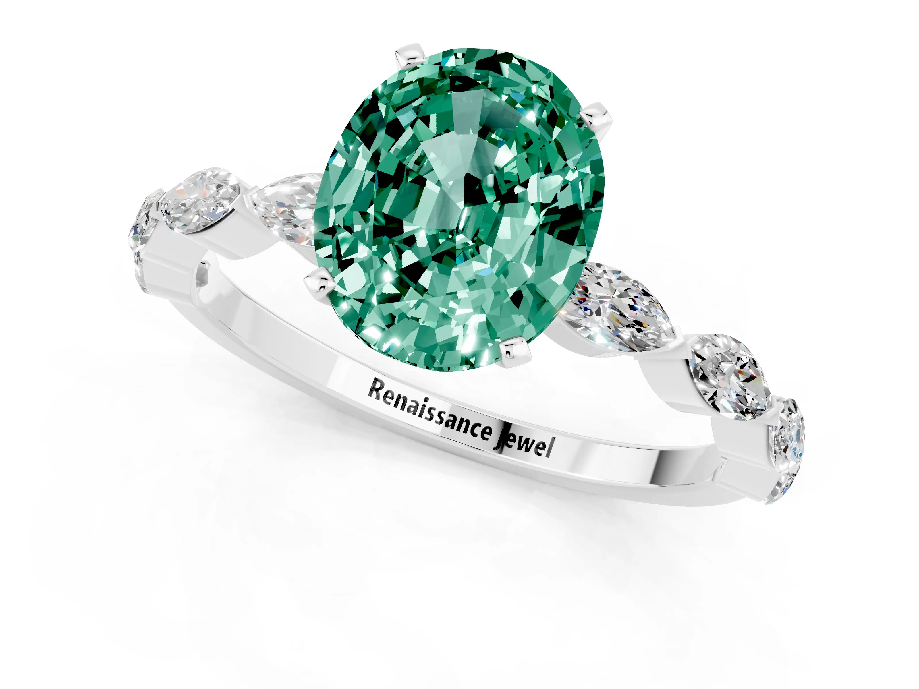 White gold Oval Cut Green Sapphire Ring with Marquise Side Stones and Prong Setting_1