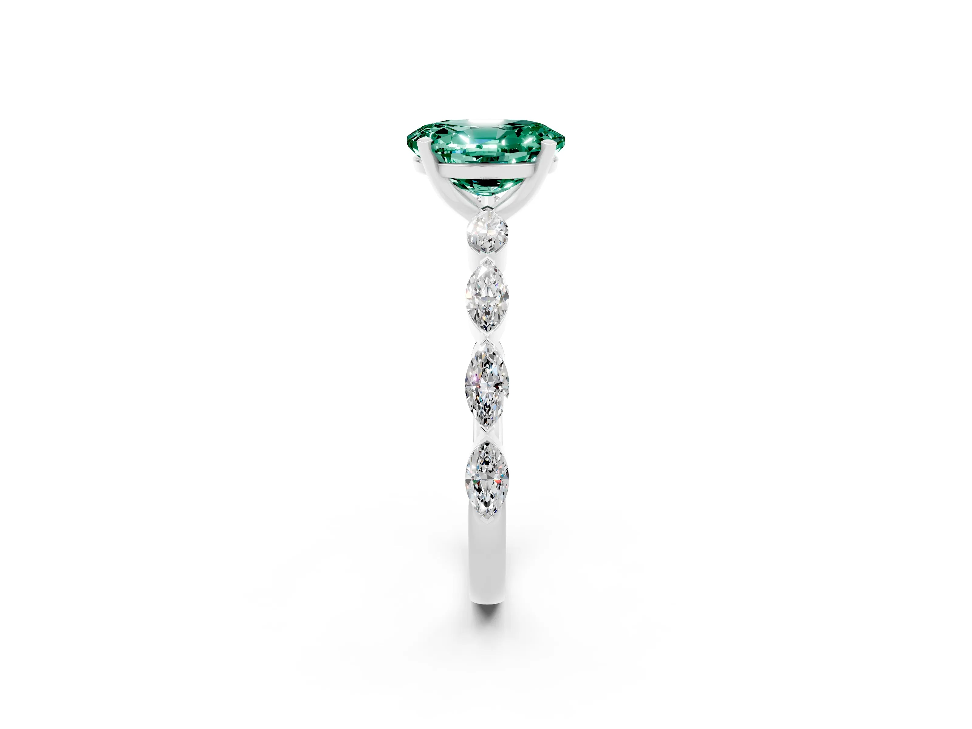 White gold Oval Cut Green Sapphire Ring with Marquise Side Stones and Prong Setting_2
