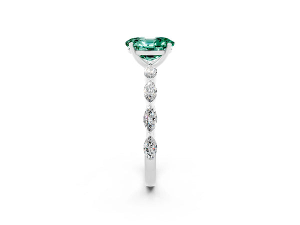 Platinum Oval Cut Green Sapphire Ring with Marquise Side Stones and Prong Setting
