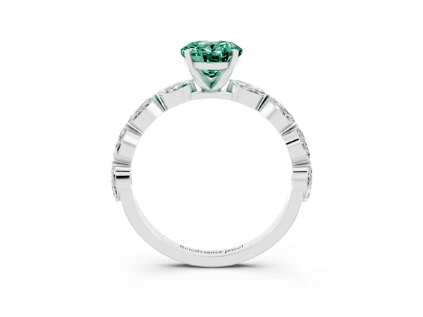 White gold Oval Cut Green Sapphire Ring with Marquise Side Stones and Prong Setting