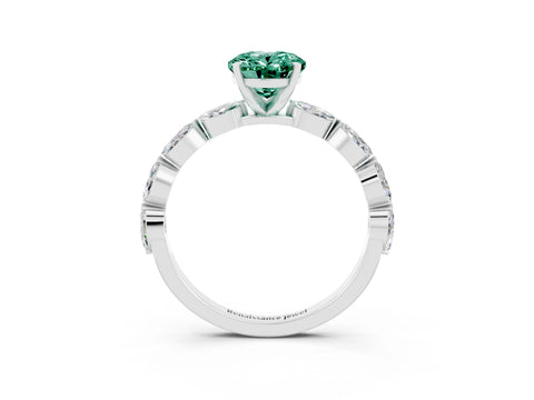 White gold Oval Cut Green Sapphire Ring with Marquise Side Stones and Prong Setting_3
