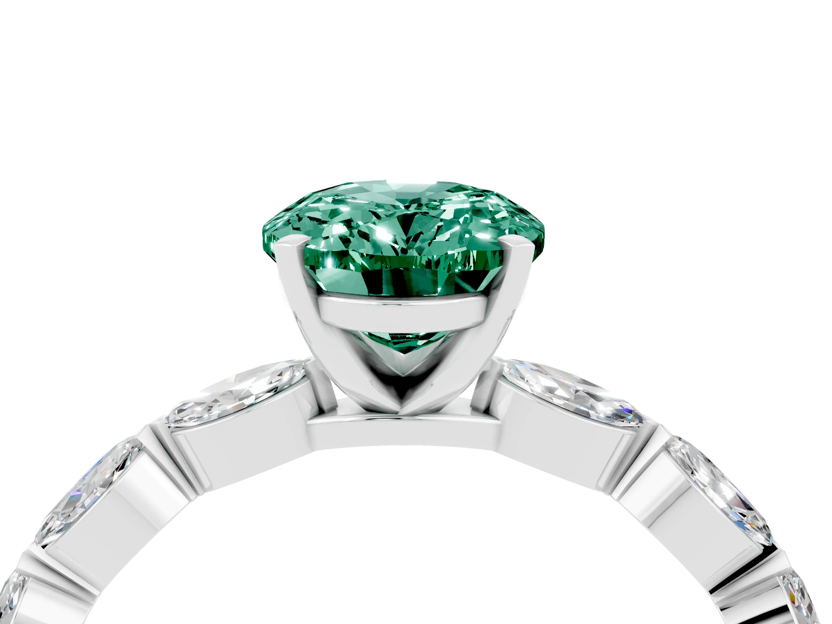 White gold Oval Cut Green Sapphire Ring with Marquise Side Stones and Prong Setting_4