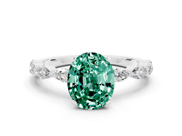 Silver Oval Cut Green Sapphire Ring with Marquise Side Stones and Prong Setting