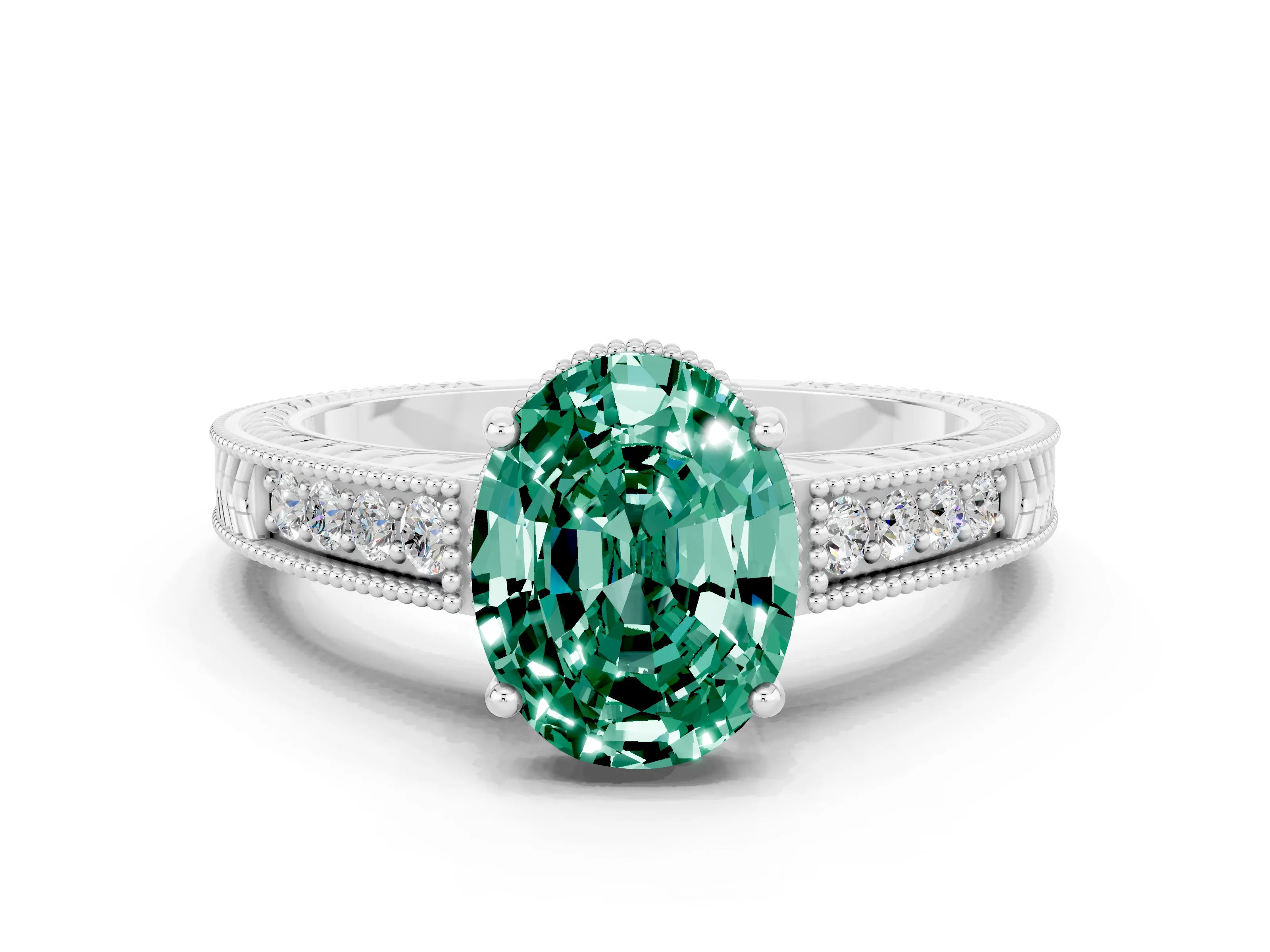 White gold Oval Cut Green Sapphire Ring with Milgrain Pavé Band and Four-Prong Setting_12