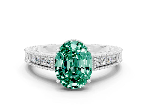 Silver Oval Cut Green Sapphire Ring with Milgrain Pavé Band and Four-Prong Setting