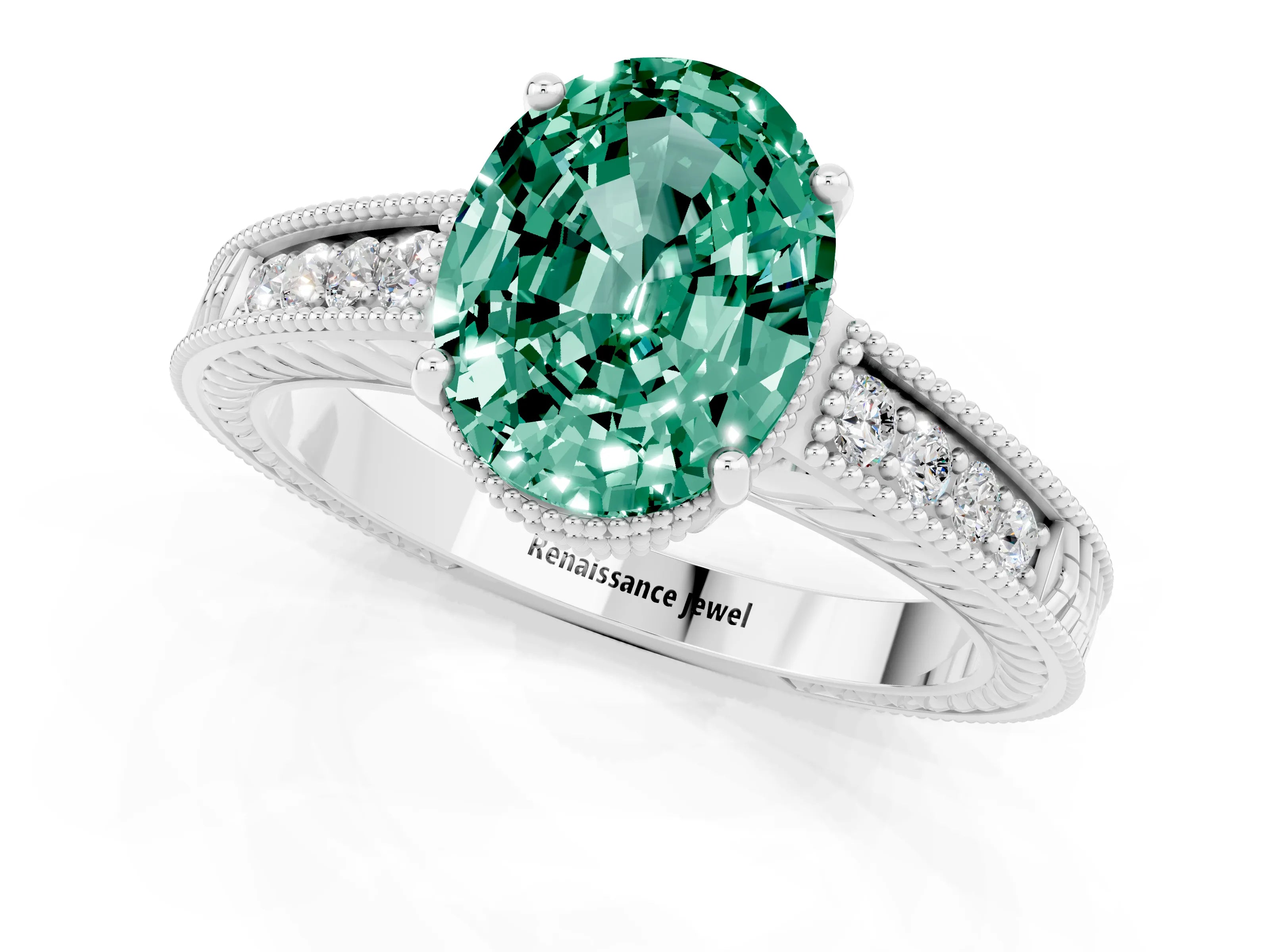 White gold Oval Cut Green Sapphire Ring with Milgrain Pavé Band and Four-Prong Setting_13