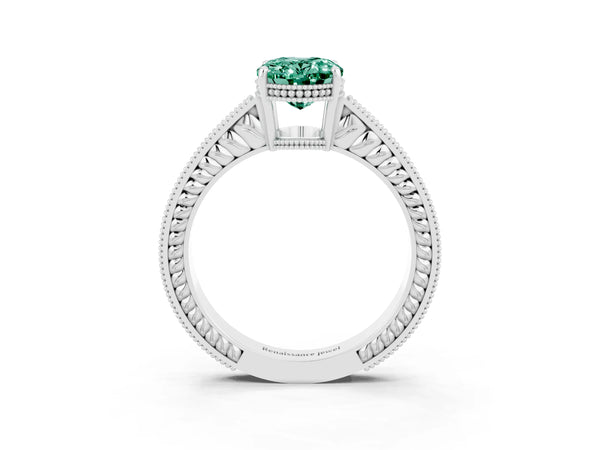 Platinum Oval Cut Green Sapphire Ring with Milgrain Pavé Band and Four-Prong Setting