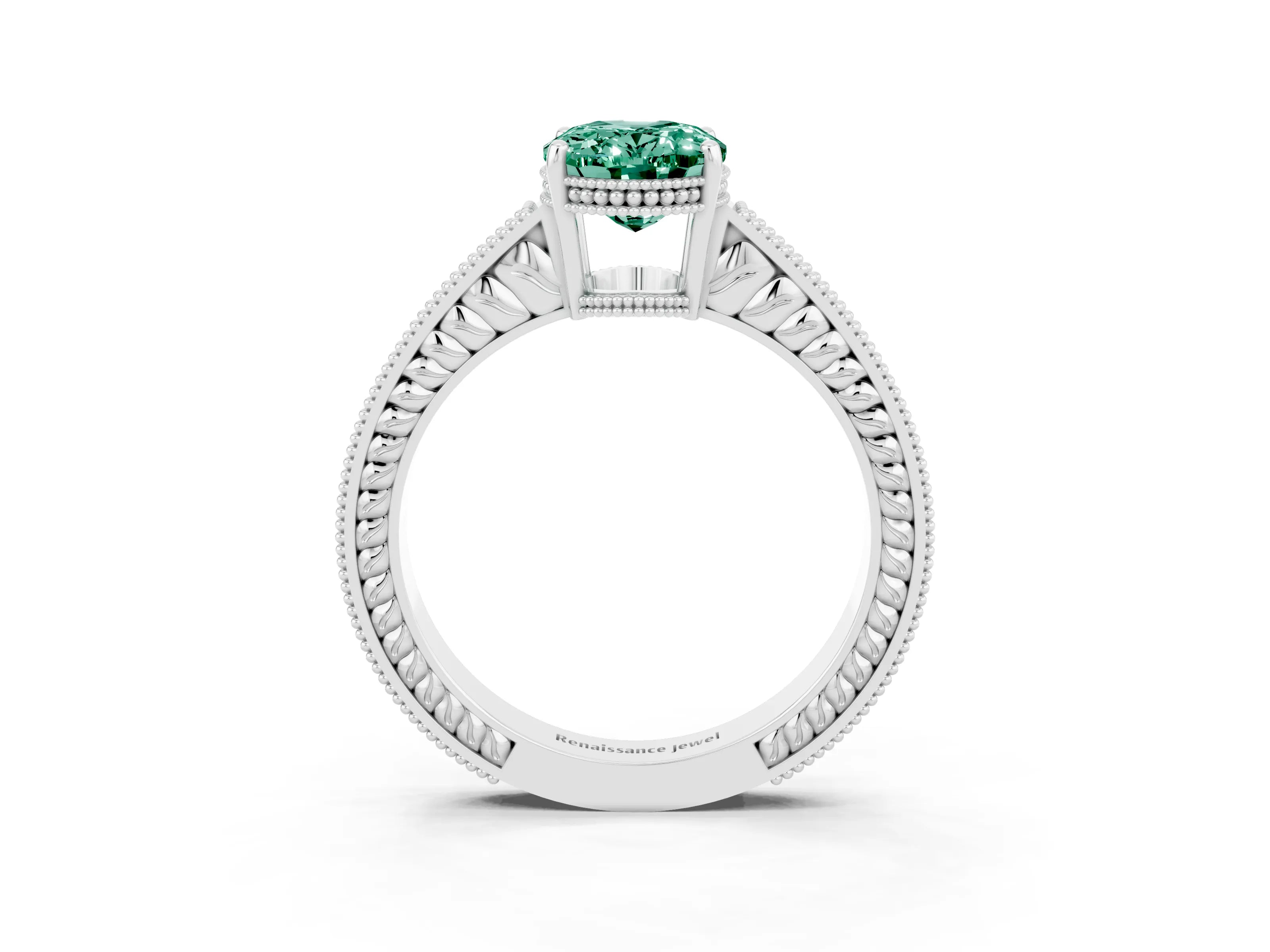 White gold Oval Cut Green Sapphire Ring with Milgrain Pavé Band and Four-Prong Setting_15
