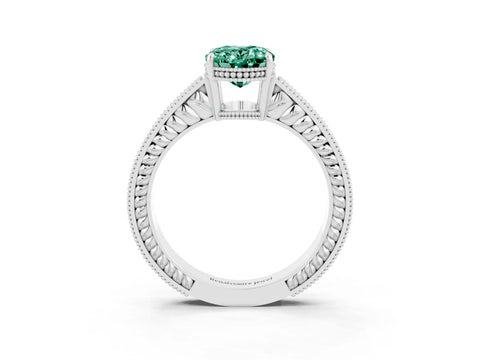White gold Oval Cut Green Sapphire Ring with Milgrain Pavé Band and Four-Prong Setting_15