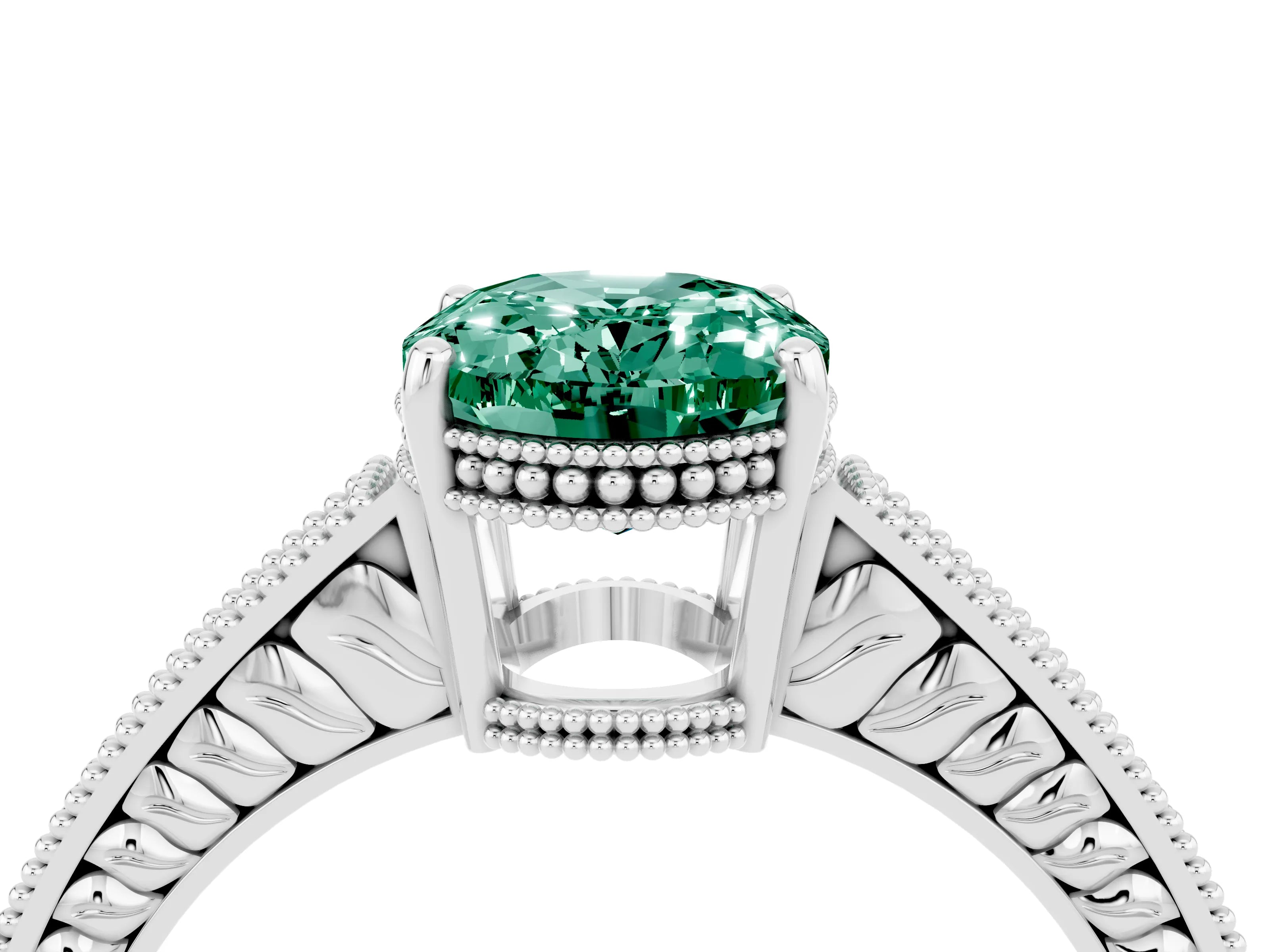 White gold Oval Cut Green Sapphire Ring with Milgrain Pavé Band and Four-Prong Setting_16