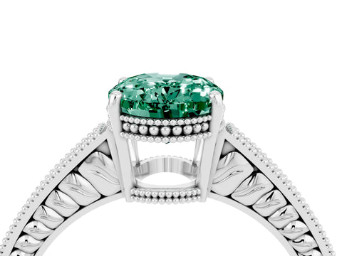 White gold Oval Cut Green Sapphire Ring with Milgrain Pavé Band and Four-Prong Setting_16