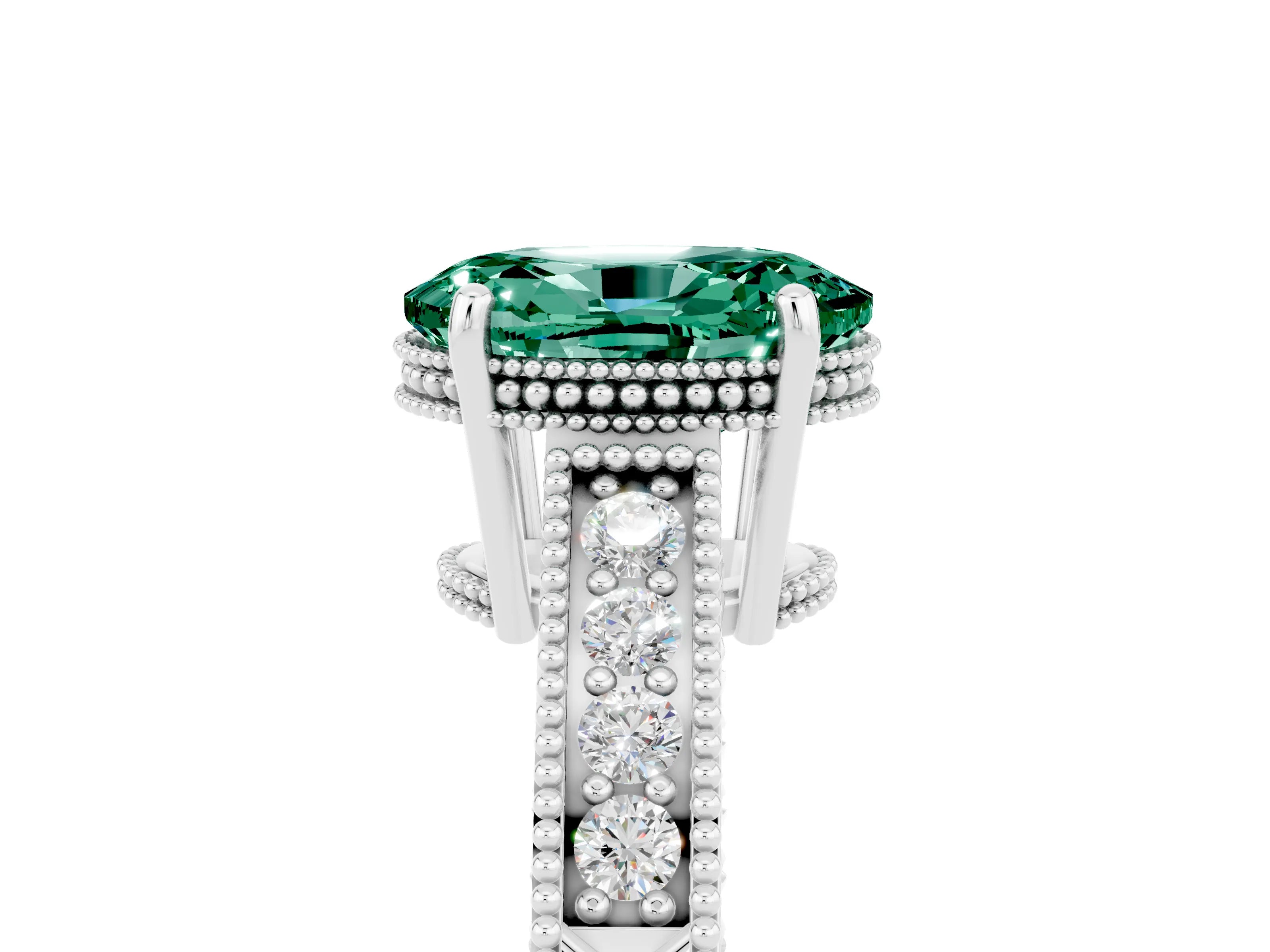 White gold Oval Cut Green Sapphire Ring with Milgrain Pavé Band and Four-Prong Setting_17