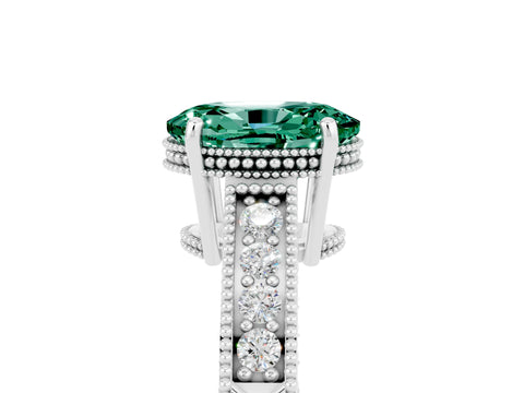 White gold Oval Cut Green Sapphire Ring with Milgrain Pavé Band and Four-Prong Setting_17
